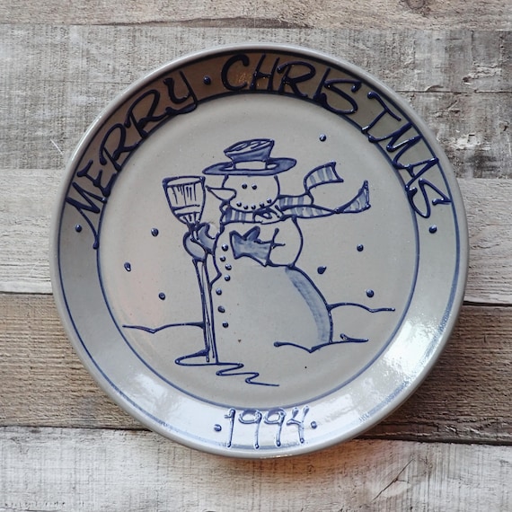 Vintage Beaumont Brothers Pottery Stoneware Christmas Plate 1994 Gray Stoneware with Blue Snowman Design BBP