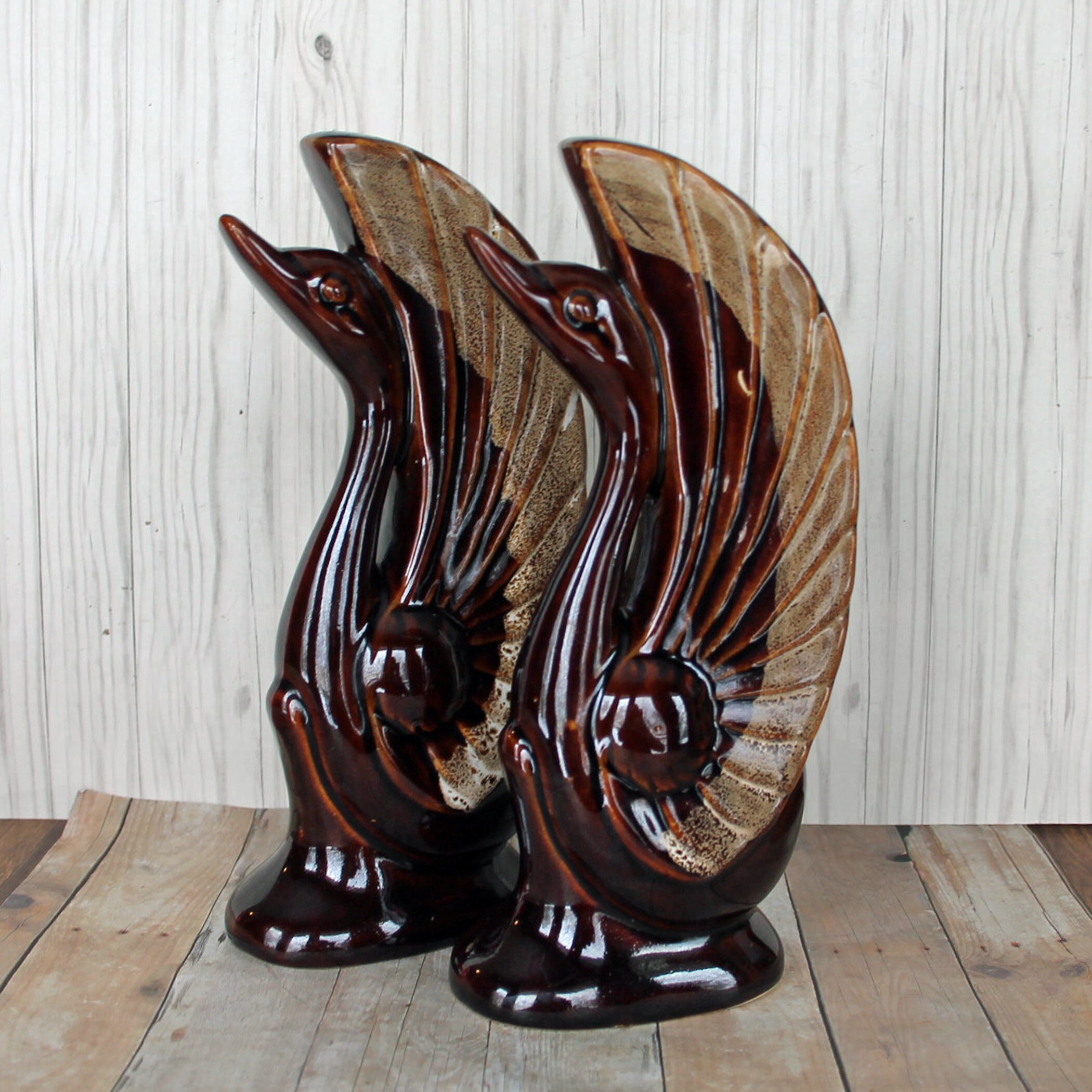 Vintage Ceramic Bird Swan Bookends Brown Drip Glaze Mid Century Modern Figurine Free Shipping