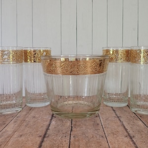 Vintage Culver TYROL Set of 4 Tumblers and Ice Bowl Bucket Clear Glass with Ornate Gold Scroll and Flower Design