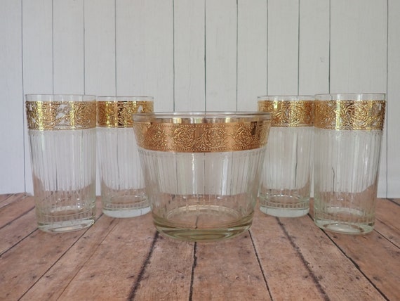 Vintage Culver TYROL Set of 4 Tumblers and Ice Bowl Bucket Clear Glass with Ornate Gold Scroll and Flower Design