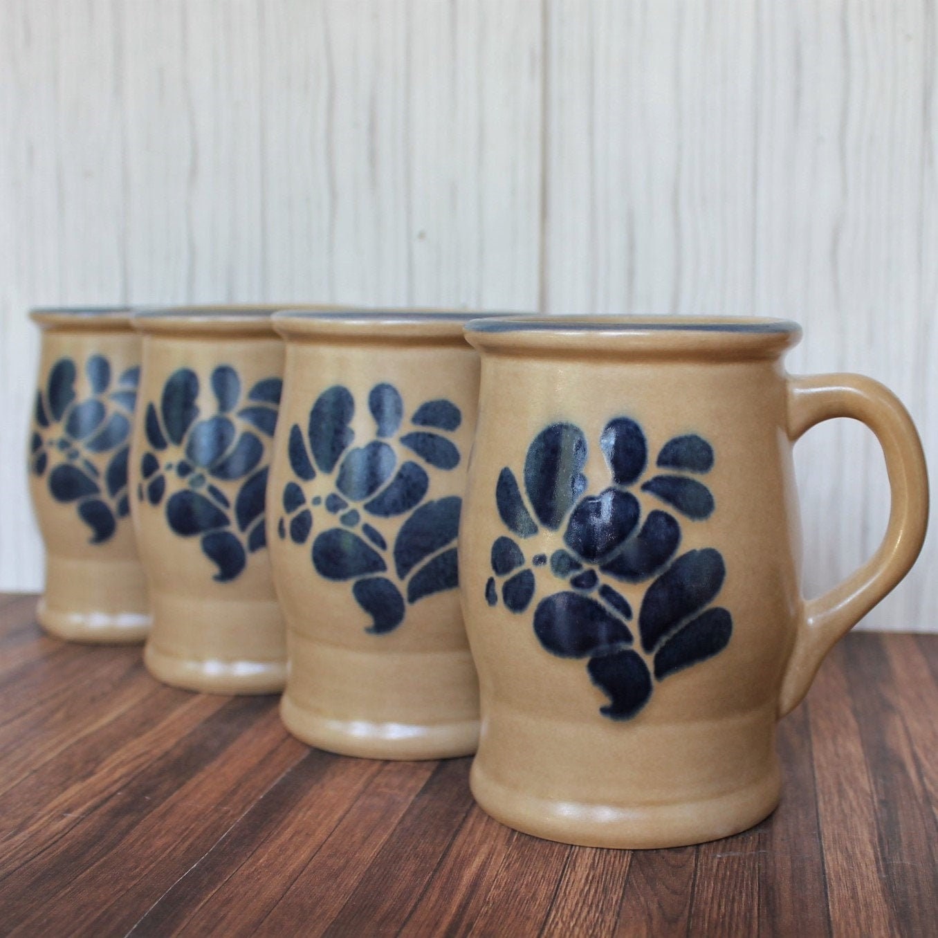 Vintage Pfaltzgraff FOLK ART Mug Set of 4 Footed Pedestal Mugs Tan and