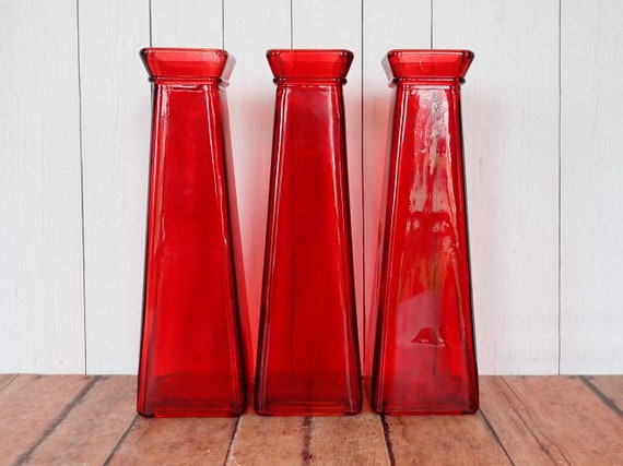 Vintage Red Glass Vase Set of 3 All Same Pattern Wedding Vases Mismatched Mix and Match Vases