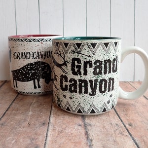 Vintage Grand Canyon National Park Ceramic Mug Set of 2 Arizona Souvenir Coffee Cup Tribal Design Bison Deer