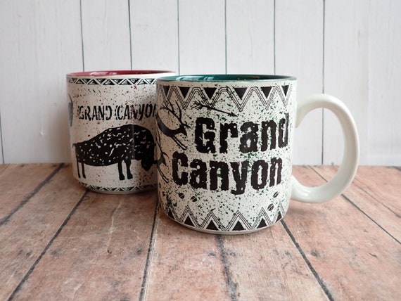 Vintage Grand Canyon National Park Ceramic Mug Set of 2 Arizona Souvenir Coffee Cup Tribal Design Bison Deer