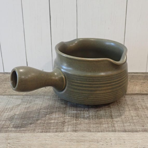 Vintage Denby SHERWOOD Green Stoneware Gravy Boat with Handle Olive Green Ribbed Design
