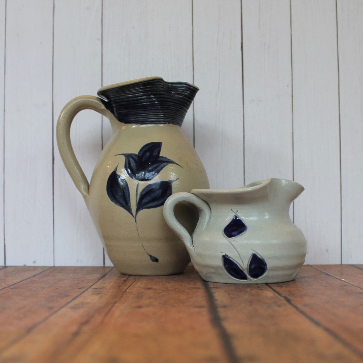 Vintage WILLIAMSBURG POTTERY Pitcher and Creamer Set of 2 Gray and Blue