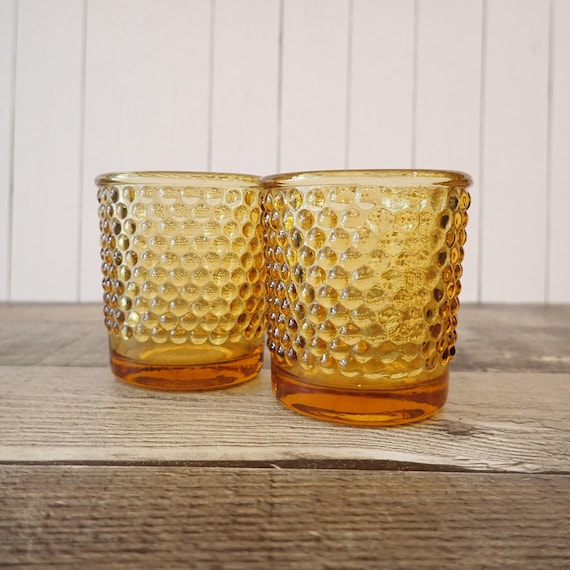 Vintage Amber Yellow Hobnail Votive Tealight Candle Holders Pair Set of 2 Candleholders