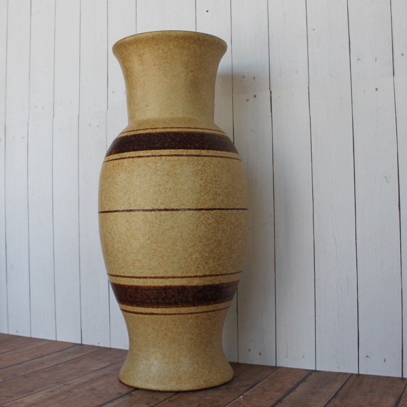 Vintage Pottery Craft USA Stoneware Large Vase Cream Yellow Tan Striped