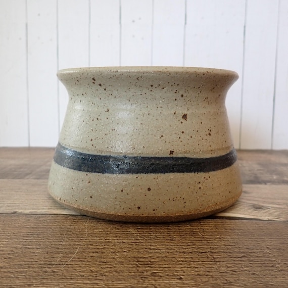 Vintage Stoneware Pottery Crock Style Planter Gray with Blue Stripe Hand Made Flower Pot