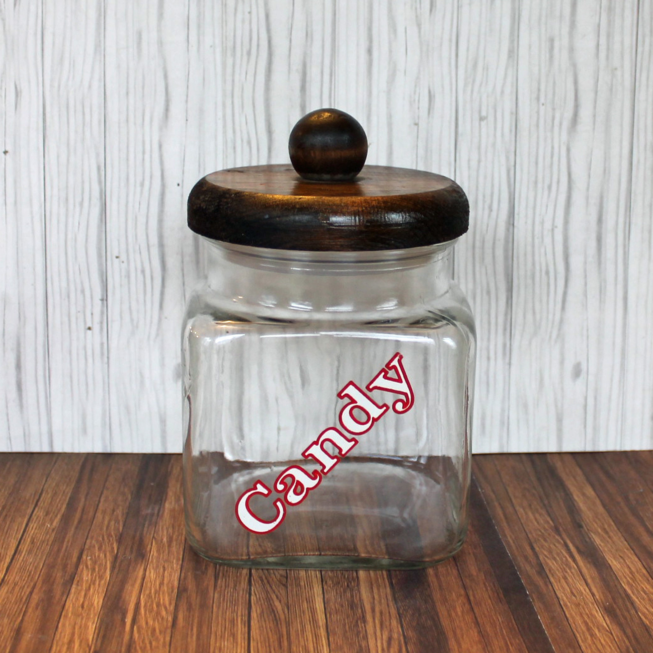 Vintage Anchor Hocking Clear Glass Apothecary Style Candy Jar Canister with Wooden Lid