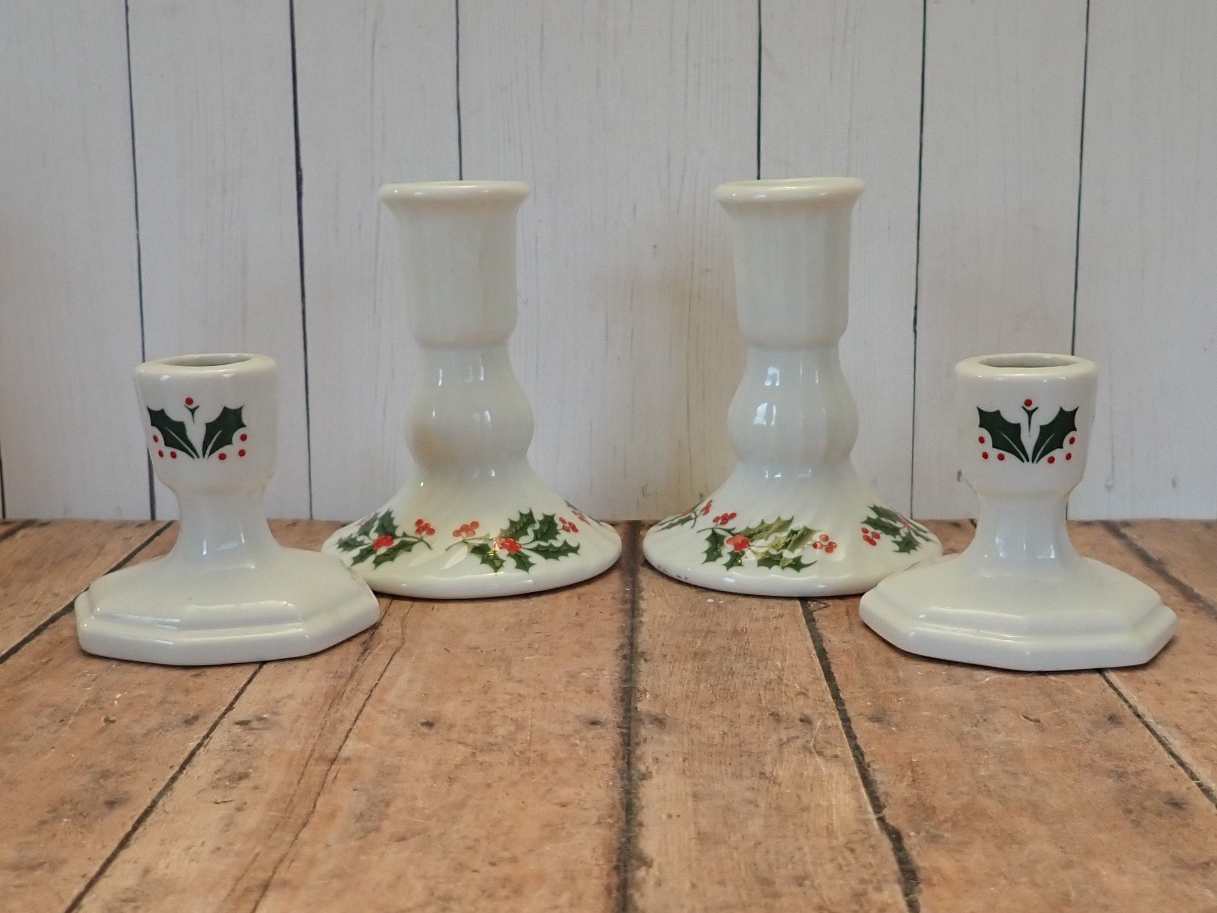 Vintage Lenox Christmas Taper Candle Holder Set of 4 White with Green