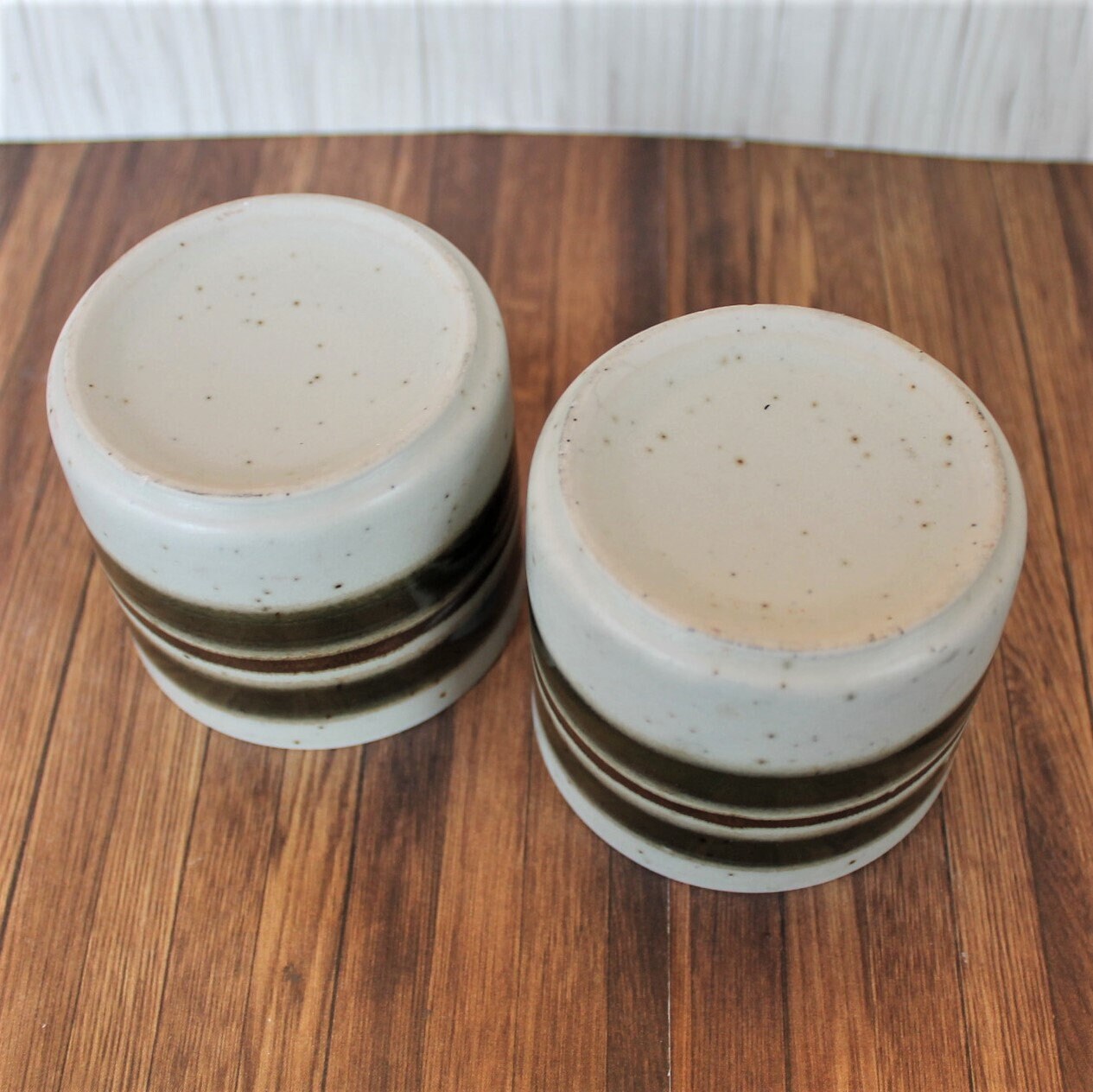 Vintage OTAGIRI Stoneware Sake Cup Set of 2 Gray Green Brown Striped Pottery Saki Cup Matches