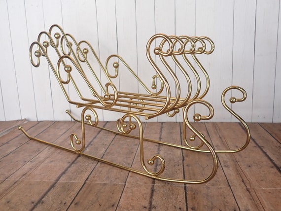Vintage Metal Sleigh Openwork Scroll Design Brass Gold Chrismas Decor Centerpiece Basket for Greenery Pinecones
