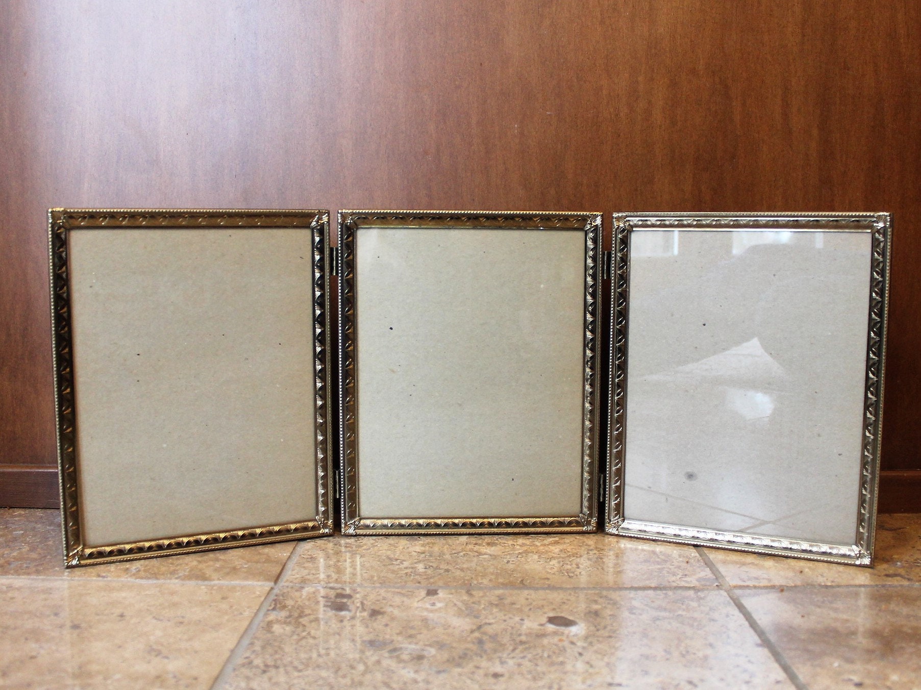 Vintage Brass Bronze Colored Metal Triple Hinged Three Part Photo