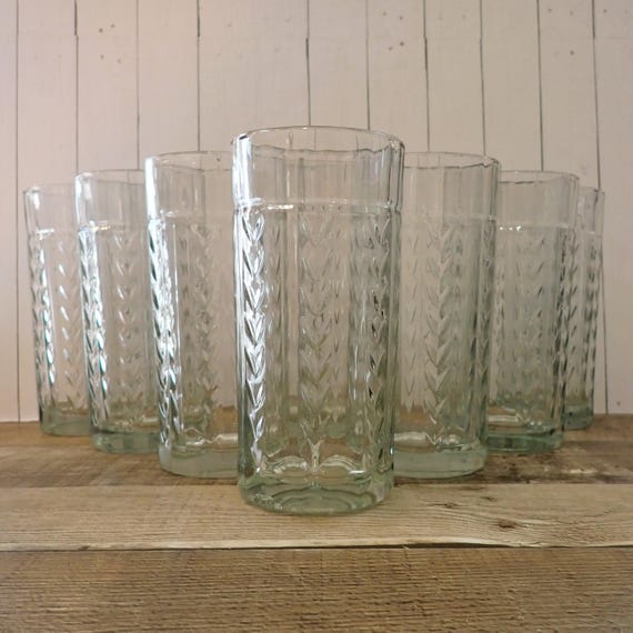 Vintage Anchor Hocking Laurel Large Tumblers Set of 8 Vertical Laurel AHC47 Iced Tea Glasses Leaf Leaves Vine Design 16 oz.