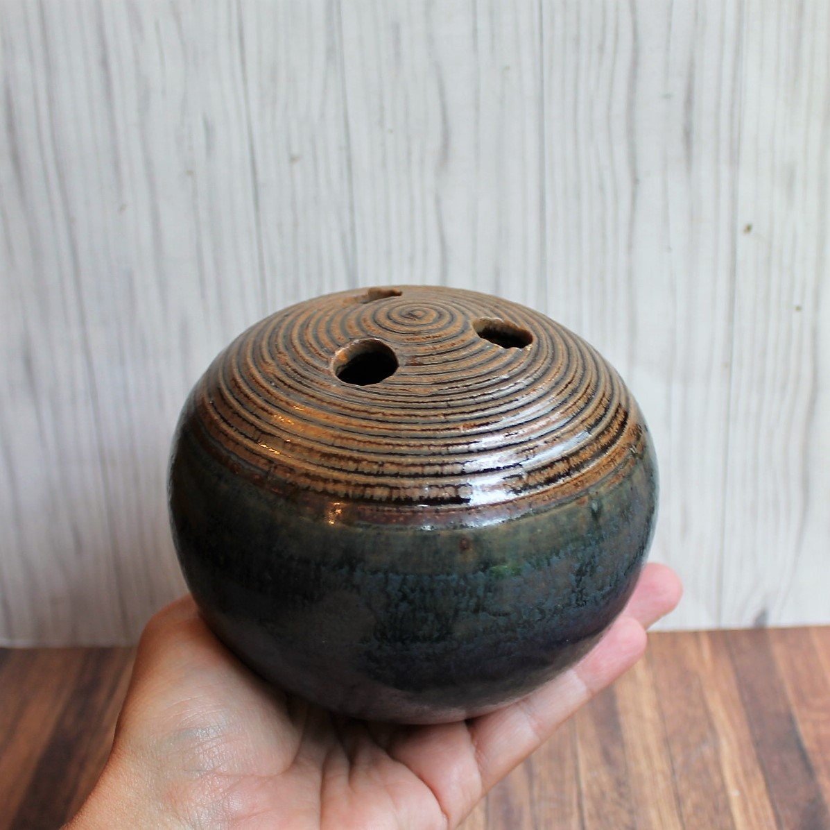 Vintage Harmony Pottery Round Stoneware Bud Vase Blue and Brown with