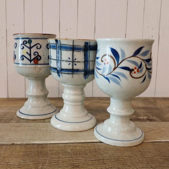 Vintage Otagiri Stoneware Goblet Wine Glass Set of 3 Ceramic White with Blue Leaf and Berry Design Similar to Hacienda Ceramic Goblet