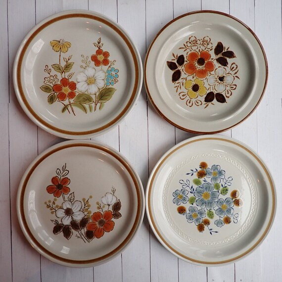 Vintage Mismatched Stoneware Salad Plate Set of 4 Mix and Match Plates White with Yellow Green Blue Brown Flower Designs 1970s