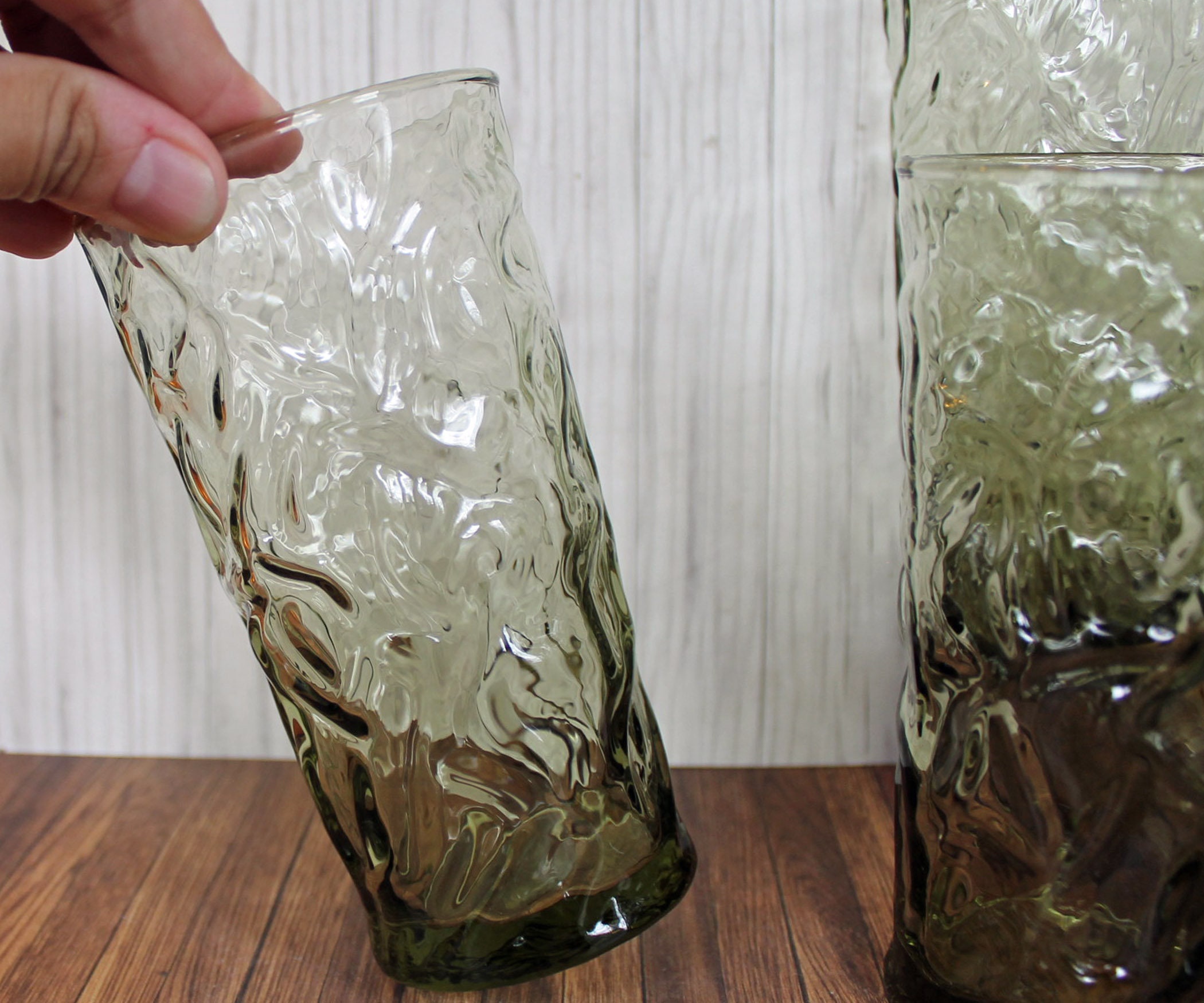 Vintage Libbey AZTEC Green 5.5 Tumbler 10 oz. Set of 8 Textured Tree ...
