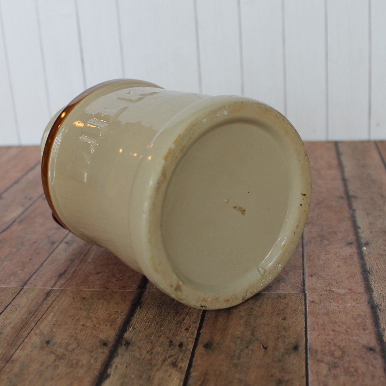 Vintage Stoneware Utensil Crock Canister Milk Jug Style Cream and Brown