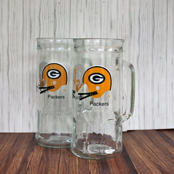 Vintage Green Bay Packers Football Clear Glass Beer Stein Mug Set of 2 Fishers Peanut Container
