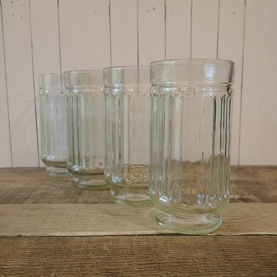 Vintage Anchor Hocking LINE LITES Set of 4 Jelly Jar Tumblers Cooler Drinking Glasses Clear Vertical Ribbed Design Modern