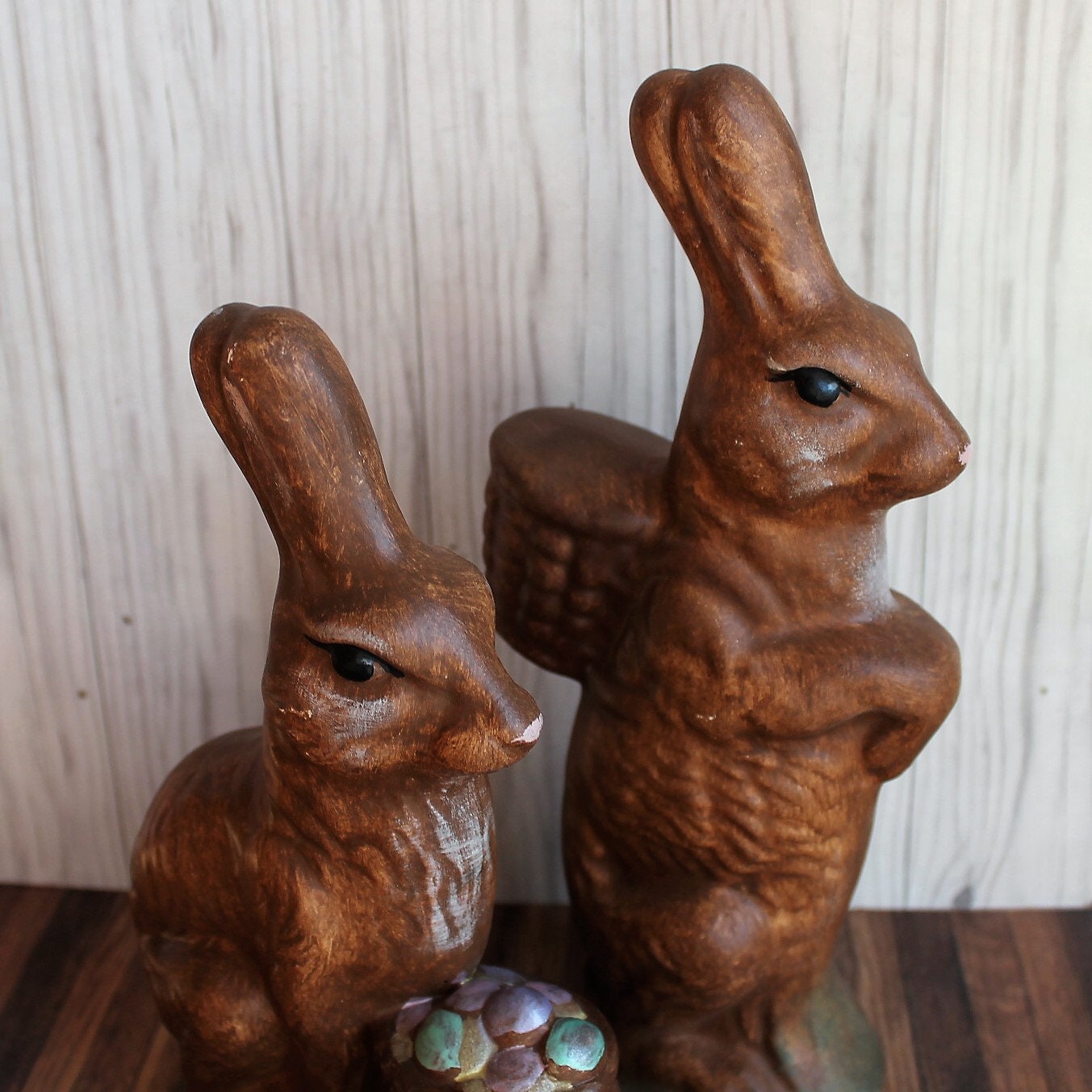 Vintage Ceramic Easter Bunny Rabbit Figurine Set of 2 Brown Figure with Easter Baskets Eggs Faux