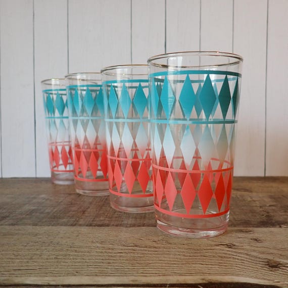 Vintage Federal Glass Atomic Diamond Tumblers Glasses Set of 4 Blue Pink and White Pattern Mid Century Modern Barware