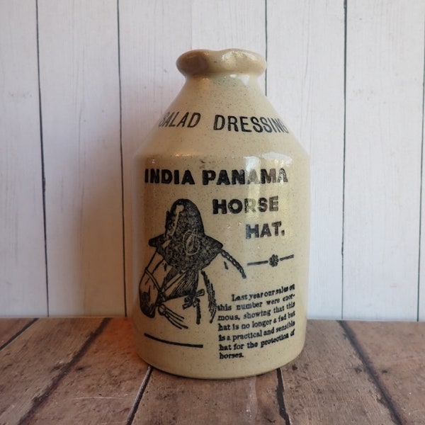 Vintage Stoneware Bottle Salad Dressing Advertising Bottle India Panama Horse Hat Made in England