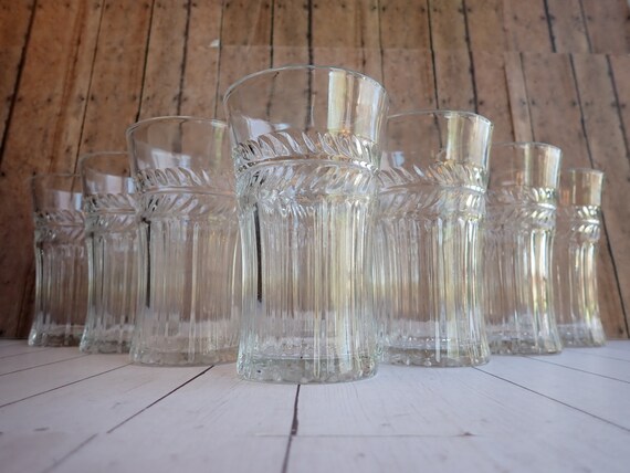 Vintage Anchor Hocking Clear Glass Laurel Tumblers Set of 8 Leaf Vine Design Drinking Glasses Style 5036