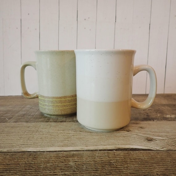 Vintage Stoneware Mug Set of 2 Cream and Beige with Banded Designs Otagiri Style Mid Century Modern Pottery