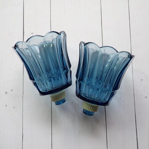 Vintage Blue Glass Peg Votive Cup Set of 2 Tulip Flower Pattern for Candlesticks