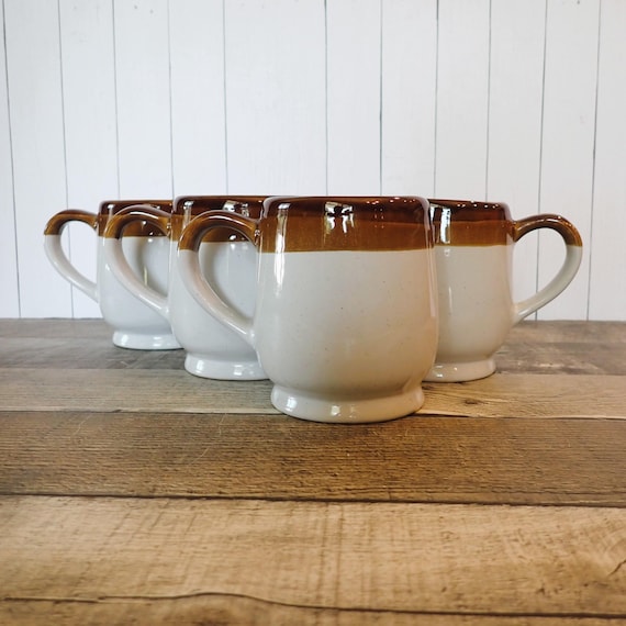 Vintage Stoneware Mug Set of 4 White and Brown Drip Bands