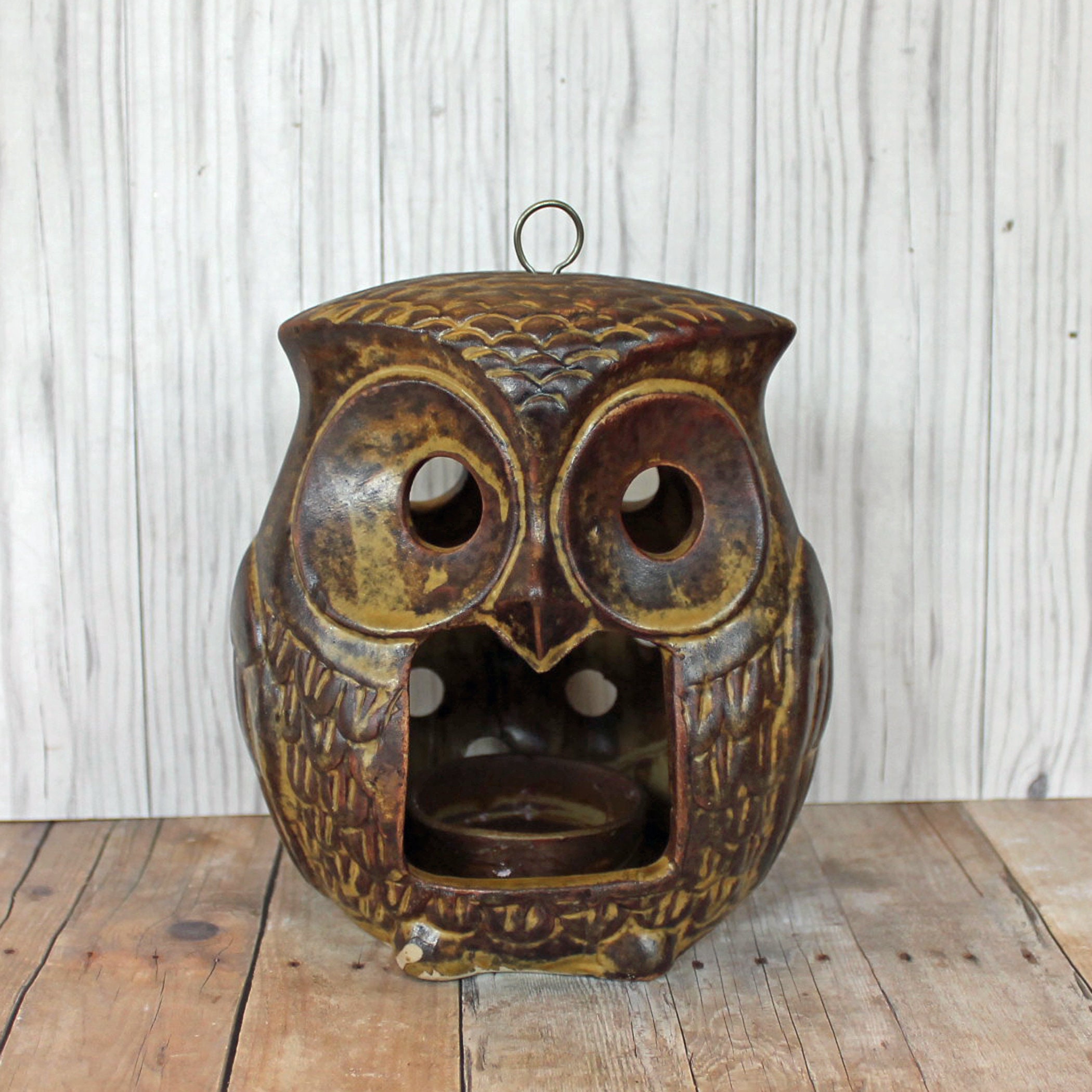 Vintage Stoneware Owl Tealight Votive Candle Holder Luminary Lantern