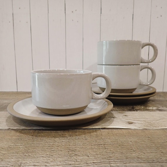 Vintage Midwinter NATURAL Cup and Saucer Set of 3 White and Tan Stoneware Made in Japan