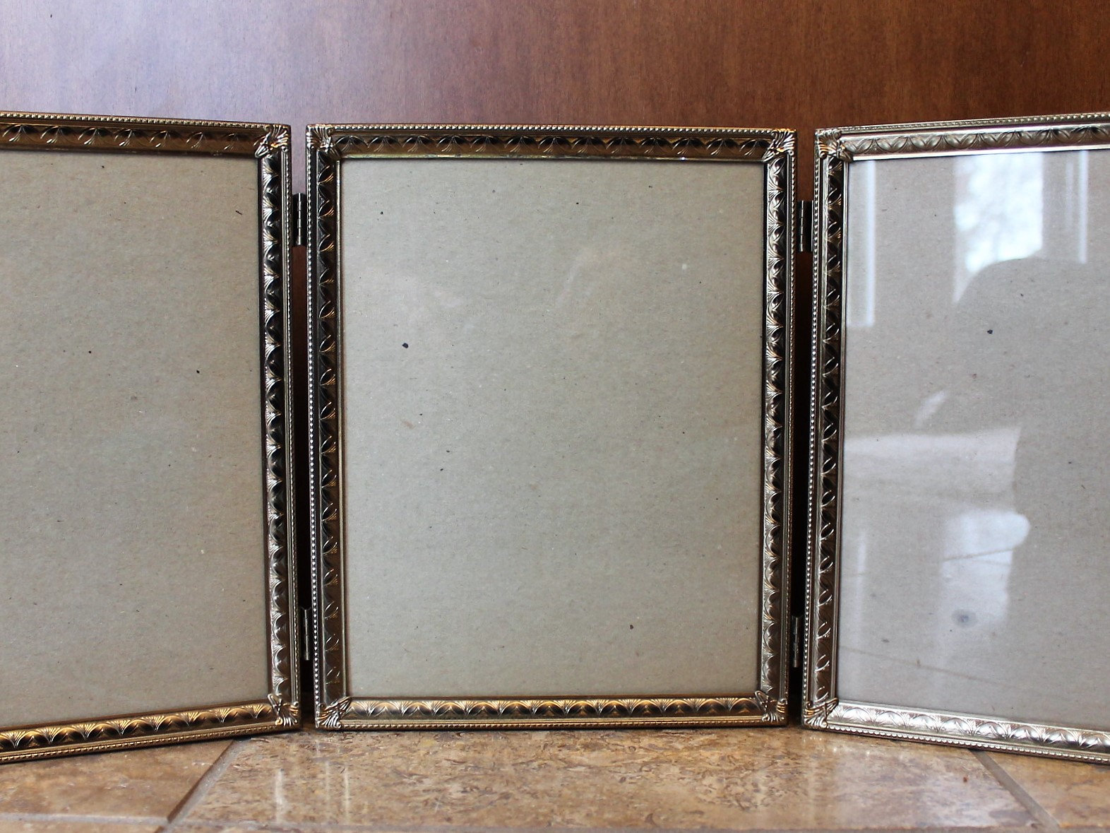 Vintage Brass Bronze Colored Metal Triple Hinged Three Part Photo