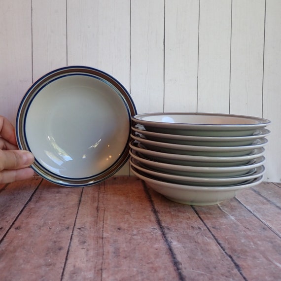 Vintage Salem Stoneware GEORGETOWN Rim Fruit Dessert Bowl Set of 8 Bowls White with Blue and Brown Stripes Bands