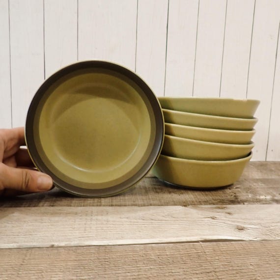 Vintage Arrowstone APACHE GOLD Fruit Dessert Bowl Set of 6 Mid Century Modern Banded Kasuga Stoneware