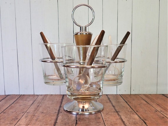 Vintage Shelton Ware Condiment Server Wood and Metal with Glass Bowls Spoons Spreader Knives Mid Century Modern Server Shelton-Ware Tray