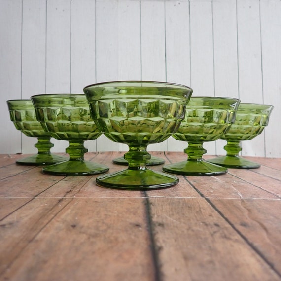 Vintage Indiana Glass Colony WHITEHALL Green Sherbet Champagne Glass Goblet Set of 6 Glasses