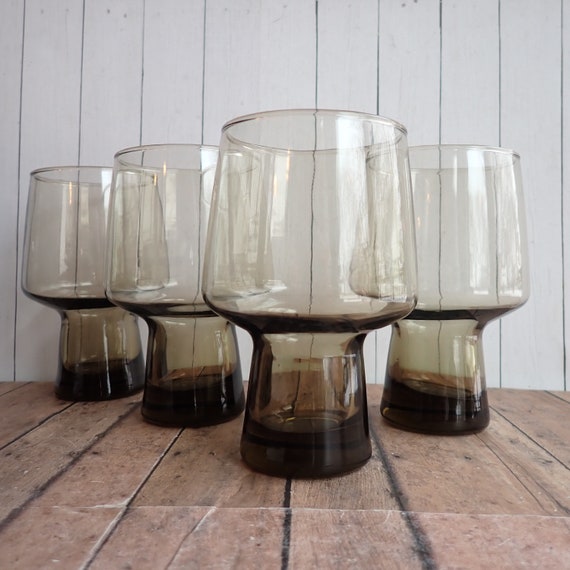 Vintage Libbey Glass TAWNY ACCENT Smoky Brown Beer Glass Tumbler Set of 4 Footed 16 oz. Glasses