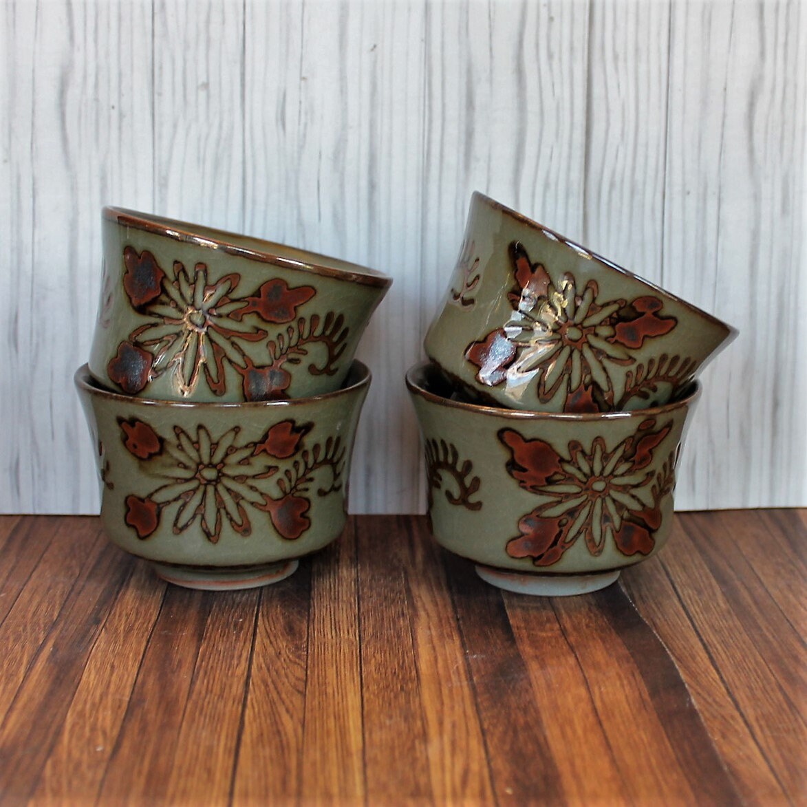 Vintage Stoneware Sake Cup Set of 4 Gray Brown Floral Flower Design Otagiri Style Pottery