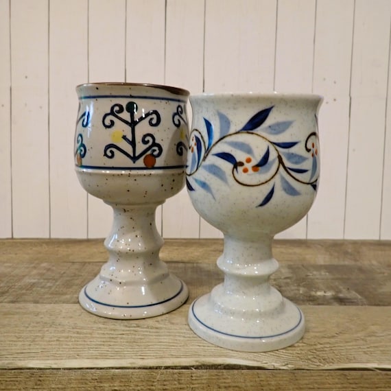 Vintage Otagiri Stoneware Goblet Wine Glass Set of 2 Ceramic White with Blue Leaf and Berry Design Similar to Hacienda Ceramic Goblet