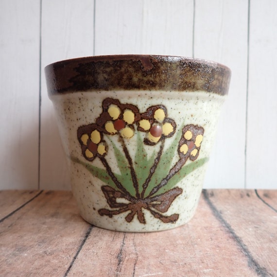 Vintage Otagiri Small Planter Flowerpot Round Flower Pot Gray with Yellow and Green Flower and Leaf Design