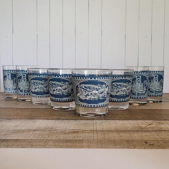Vintage Royal China Currier and Ives Blue Old Fashioned and Juice Glasses Set of 8 Rocks Whiskey Glasses Winter Scene Christmas Design