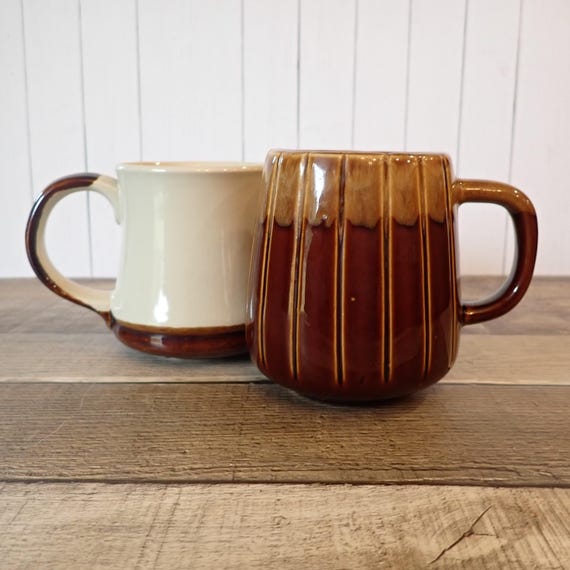 Vintage Stoneware Mug Set of 2 White and Brown Mugs