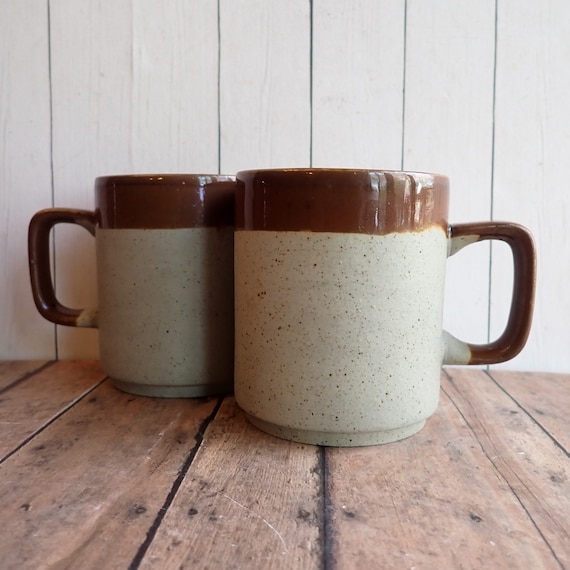 Vintage Stoneware Mug Set of 2 Gray and Brown Rim Banded Design Otagiri Style Mid Century Modern Pottery
