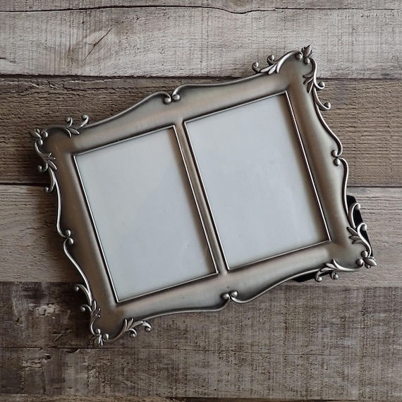 Vintage Silver Metal Double 3x5 Picture Photo Frame Scroll Leaf Design Size Smooth Scroll Design