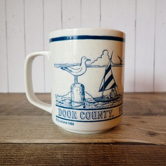 Vintage Door County Wisconsin Souvenir Stoneware Mug Coffee Cup White with Blue Shore Scene
