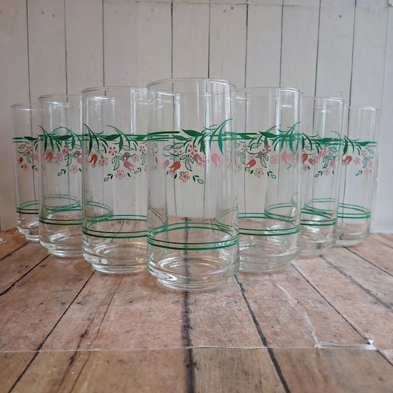 Vintage Corelle Corning ROSEMARIE 16 oz. Glass Tumbler Set of 8 Glassware Coolers Clear with Pink and Green Flower and Leaf